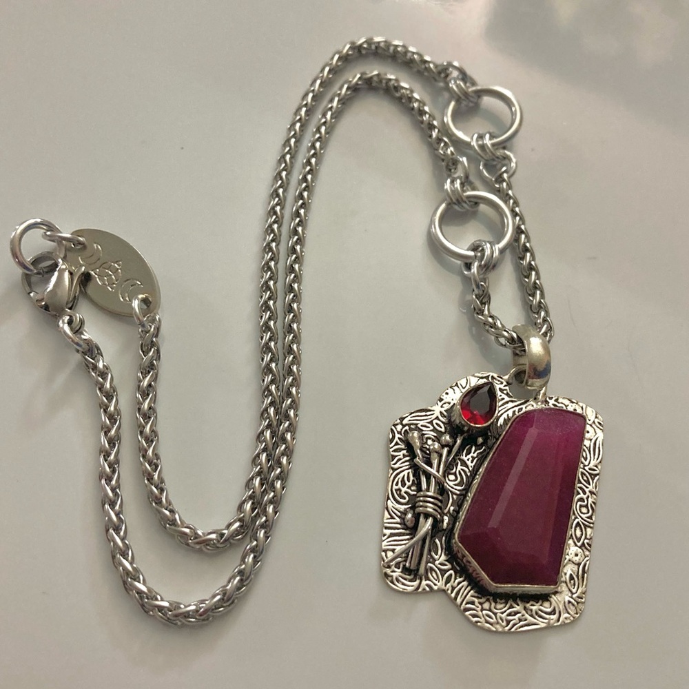 Genuine Garnet & pink Indian ruby gemstones boho charm silver necklace - Picture 3 of 16